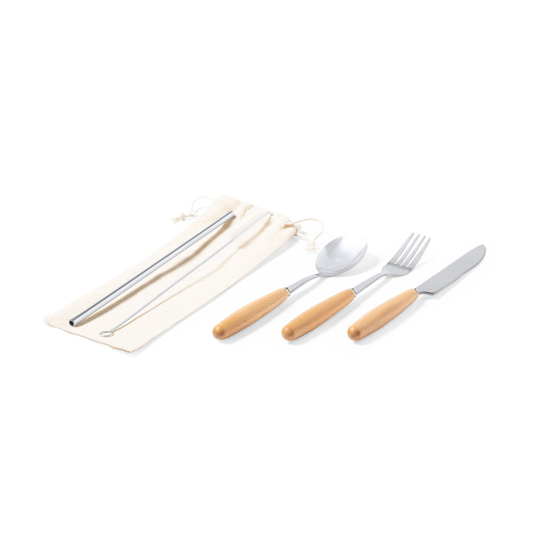 Set de Cubiertos Reutilizables de Acero Inoxidable y Madera