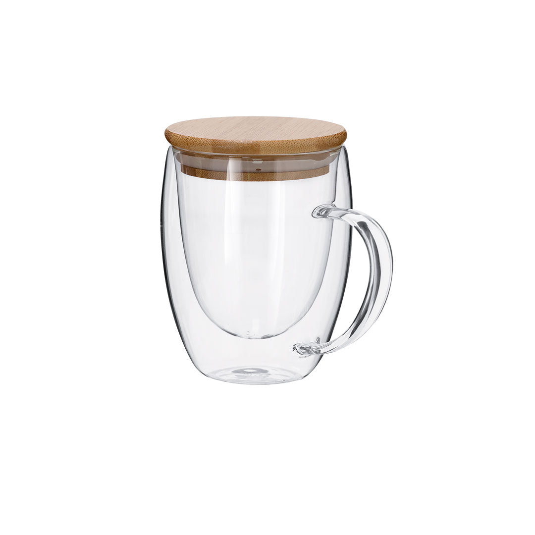 Taza Térmica de Cristal de Doble Pared con Tapa de Bambú