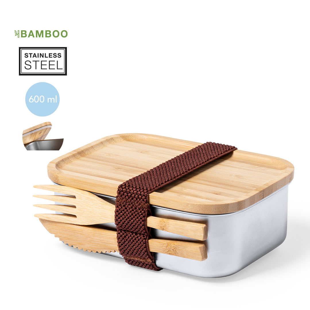 Fiambrera de Acero Inoxidable y Bambú con Cubiertos