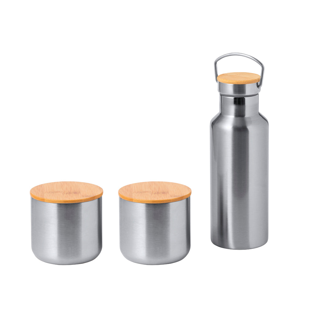 Set de Bidón Térmico y Vasos de Acero Inoxidable y Bambú