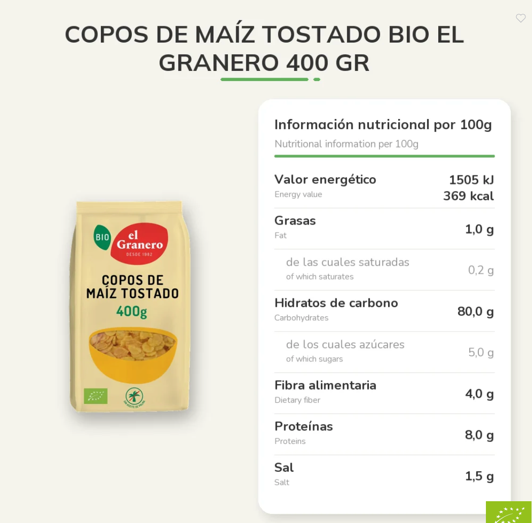 Copos de Maíz Tostado BIO –  400 g