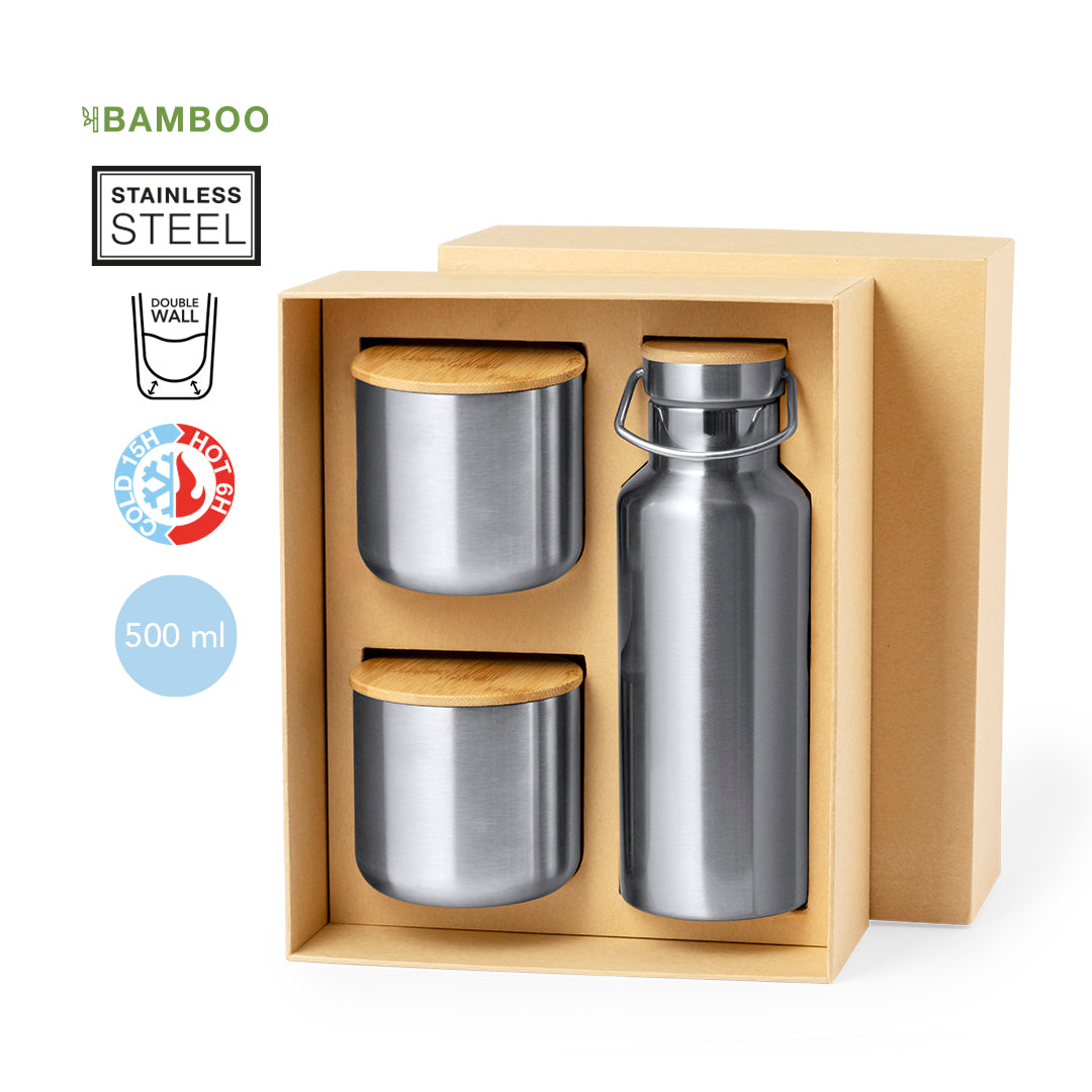 Set de Bidón Térmico y Vasos de Acero Inoxidable y Bambú