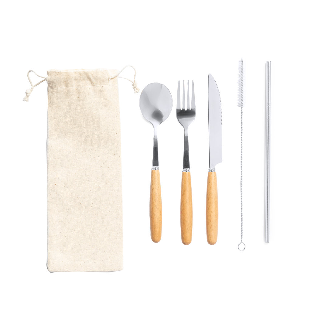 Set de Cubiertos Reutilizables de Acero Inoxidable y Madera