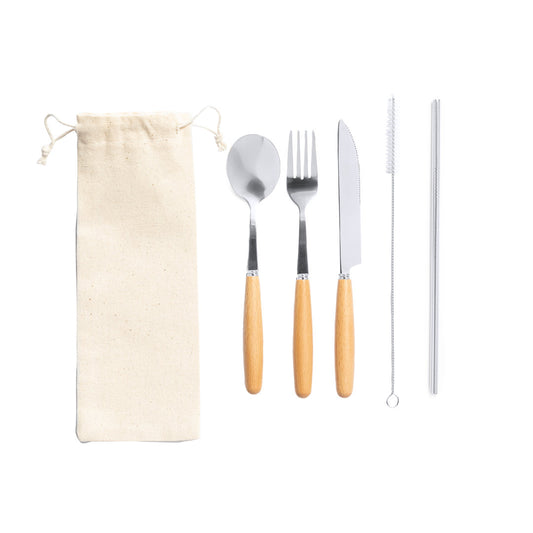 Set de Cubiertos Reutilizables de Acero Inoxidable y Madera