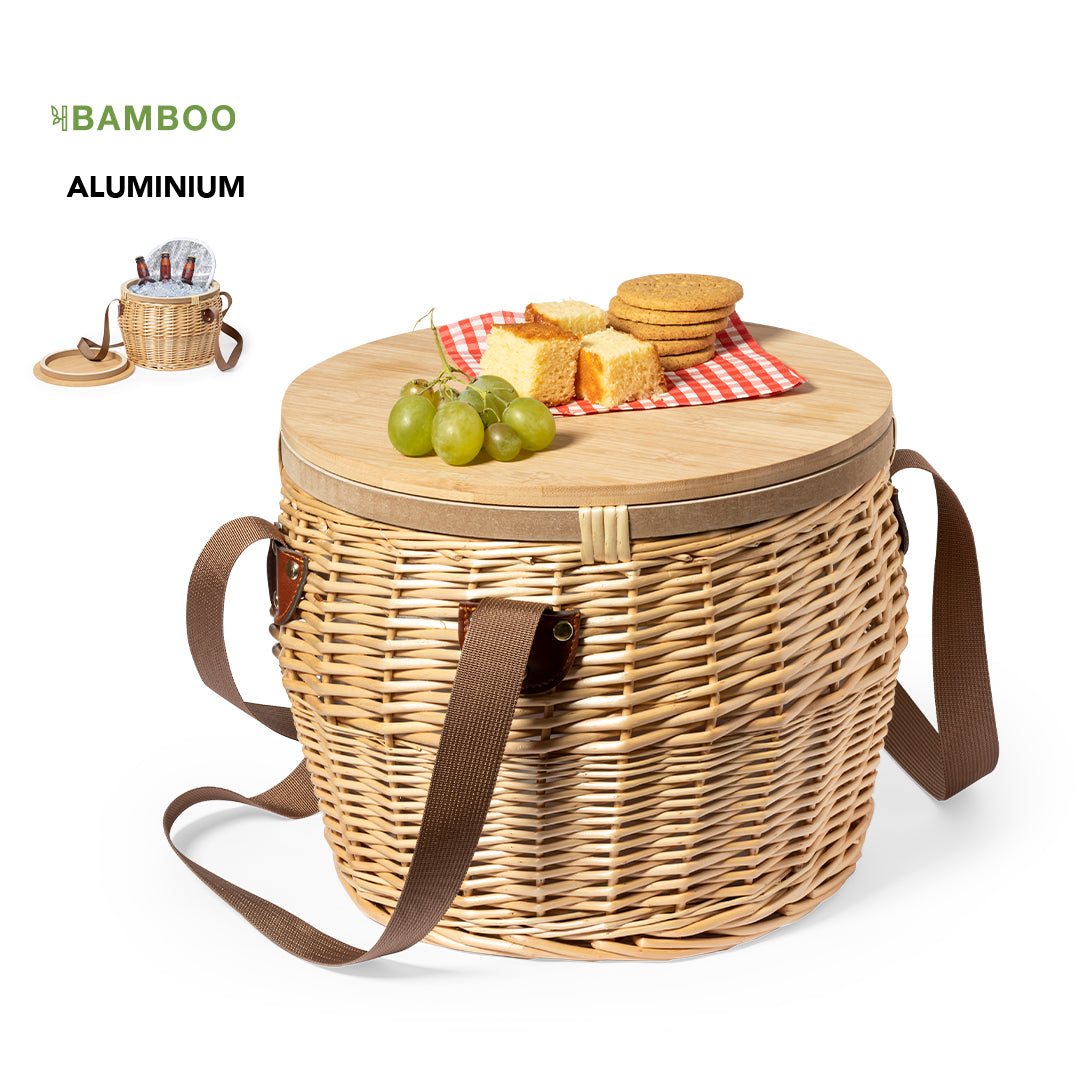 Cesta Nevera de Mimbre con Tapa-Mesa de Bambú
