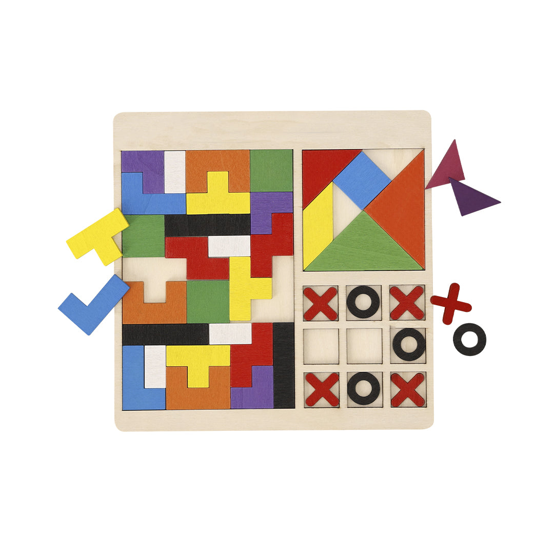 Set de 3 Juegos de Madera: Abecedario, Tangram y 3 en Raya
